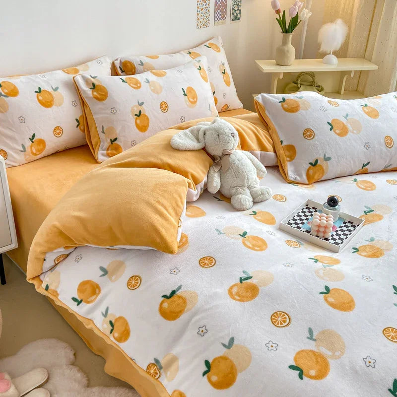 غطاء لحاف من الفلانيل المرجاني من أربع قطع مع بطانية سميكة للسرير لفصل الشتاءEX-STOCK Canada