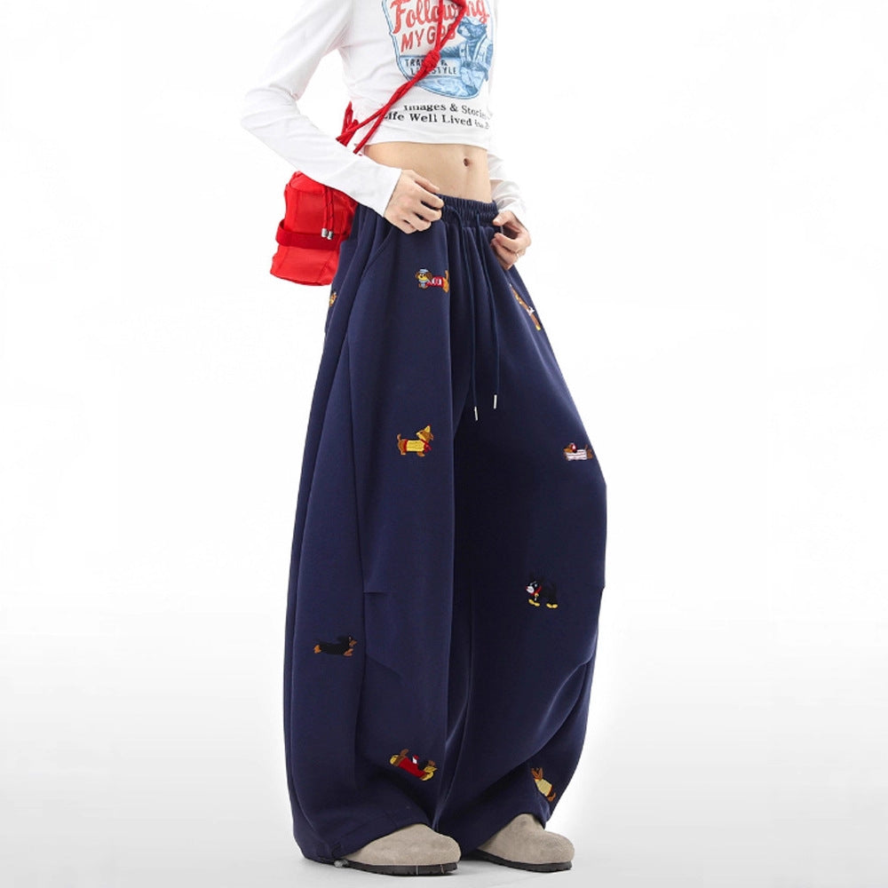 Lazy Sausage Dog Embroidered Machete Sweatpants Autumn Loose Casual