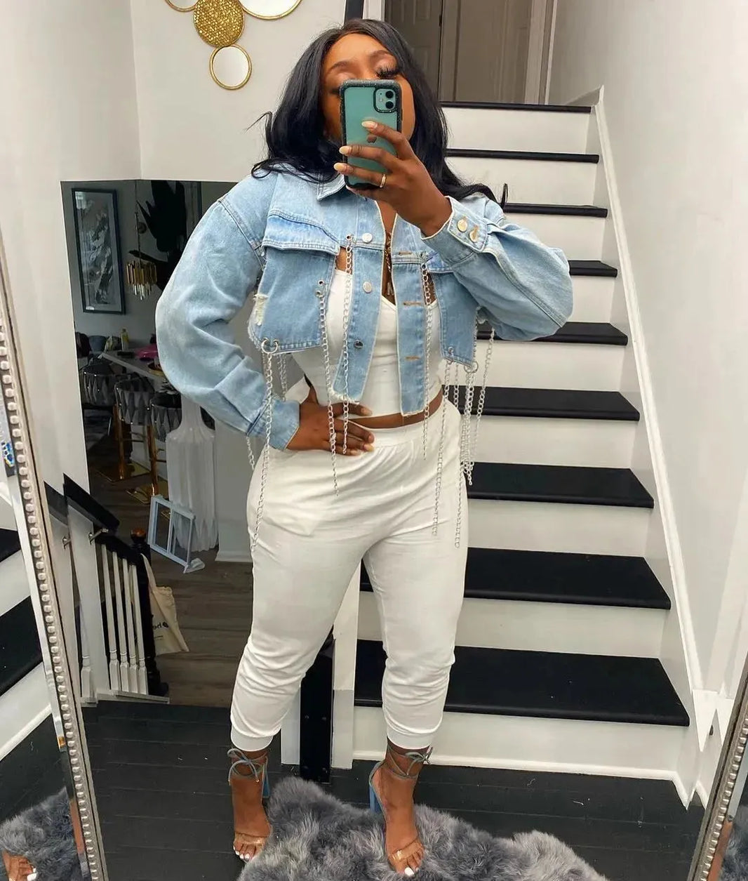 Short Frayed Denim Jacket Women Chain Fashion Style - EX-STOCK CANADA