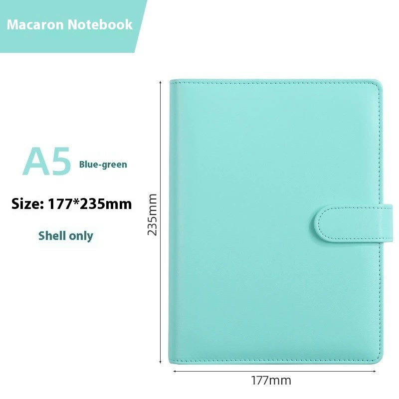 Blue-green notebook with dimensions and product name on a white background