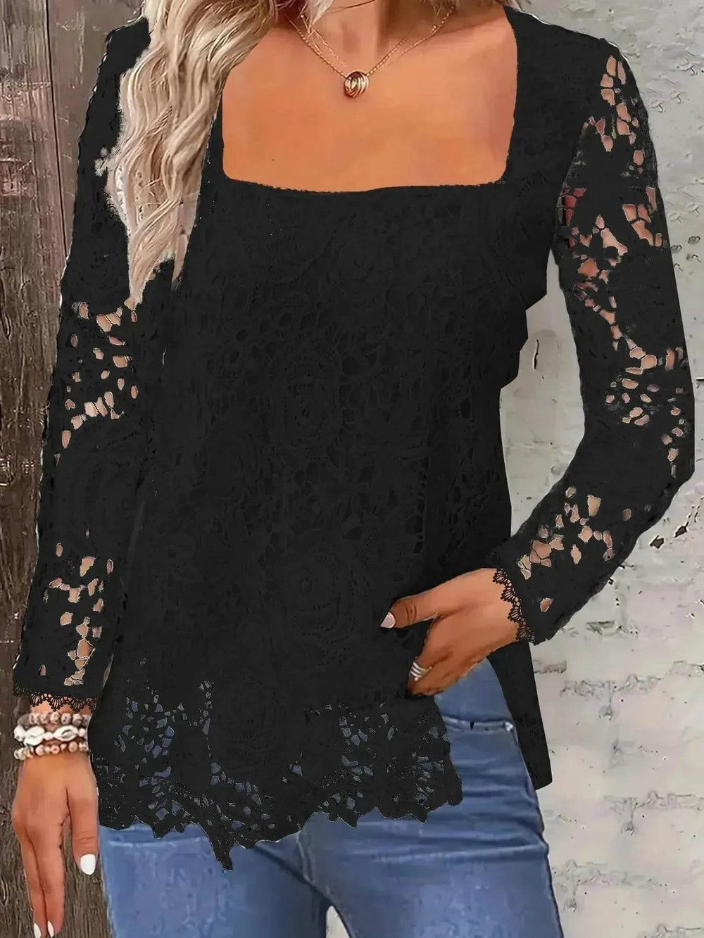 Fashionable Evening Top for Women Square Neck Long Sleeve Lace top Long Top for Women - EX-STOCK Canada