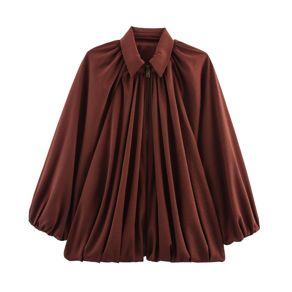 Women's Loose Pleated Zip-Front Jacket – Balloon Sleeves, 6 Colours | Sizes XS–XL