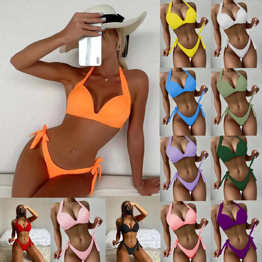 European And American Solid Color Neck Bikini Strap Split Hard Cup Crimp Swimsuit - EX-STOCK CANADA
