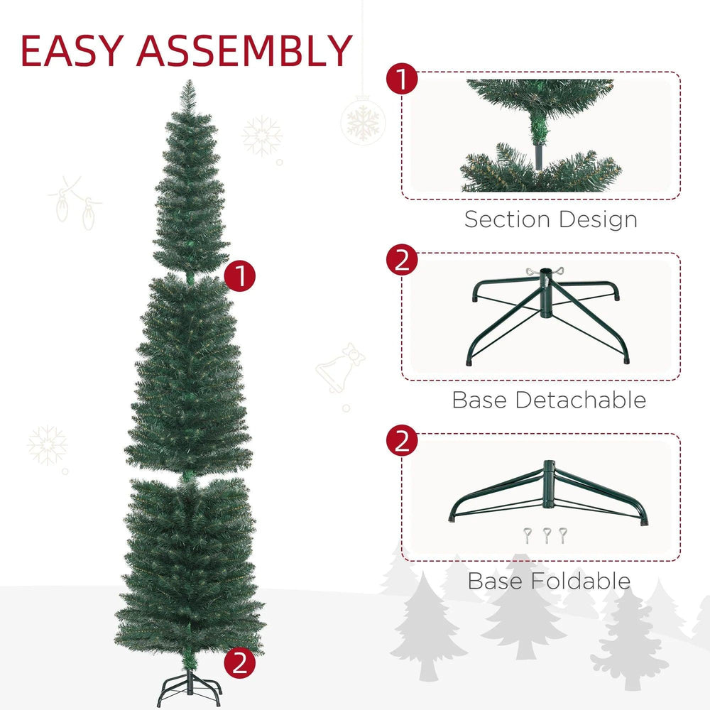 Sapin de Noël artificiel de 7 FT Sapin Crayon de Noël Maison Vacances Décoration Intérieure avec Pied Noir Pliable pour Fête, VertEX-STOCK Canada
