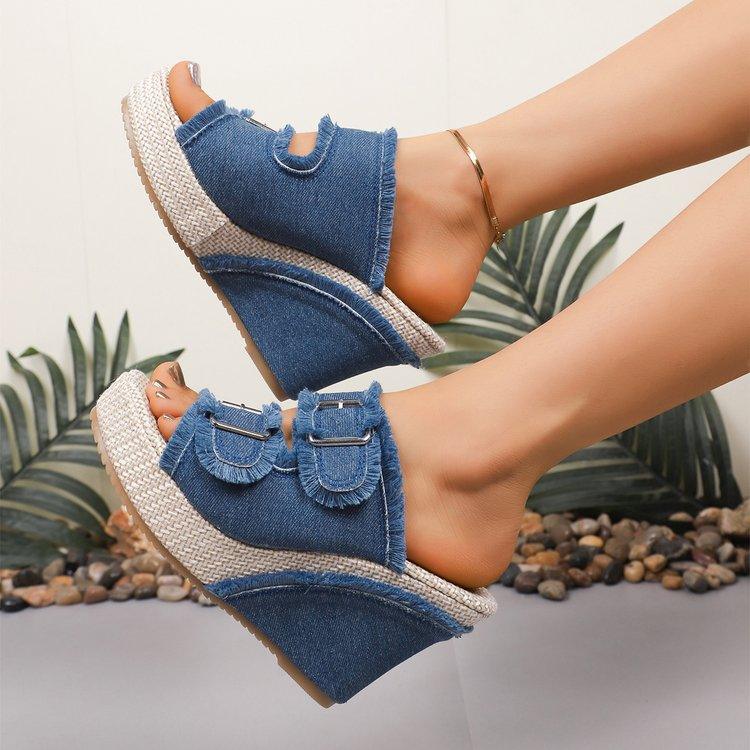 Plus Size Women's New Denim Slip-On Mule Sandals, Block Heel With Buckle Design, Summer Outdoor Casual Slippers