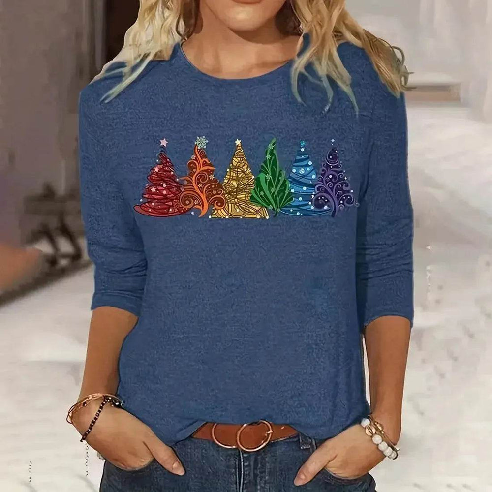 Women's Long-sleeved T-shirt Christmas Tree Printed Round Neck Loose Casual - EX-STOCK Canada