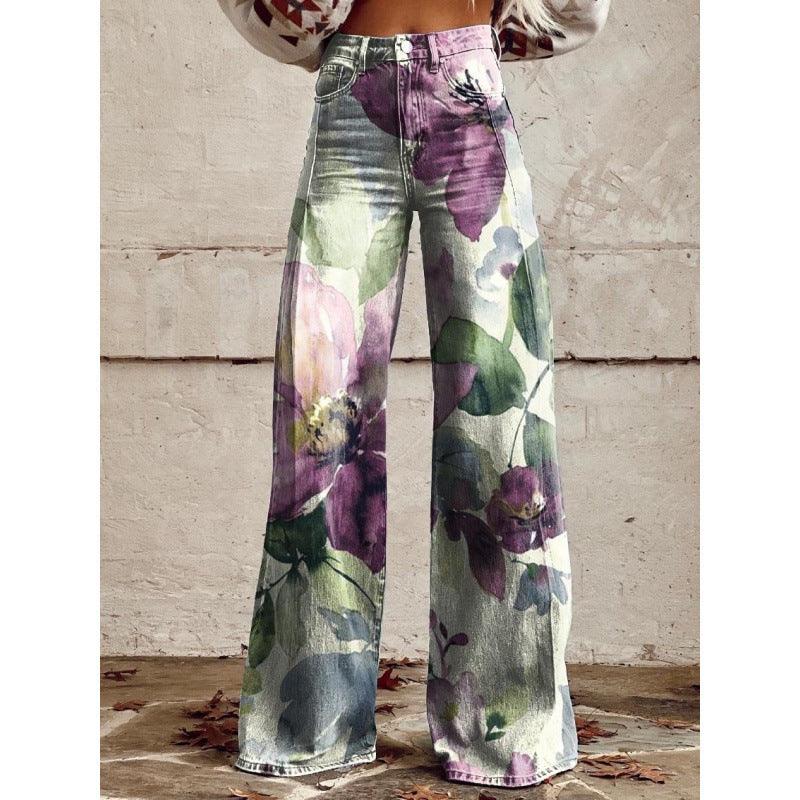 Thermal Transfer Bell-bottom Pants Simulation Denim Trousers Loose Pants