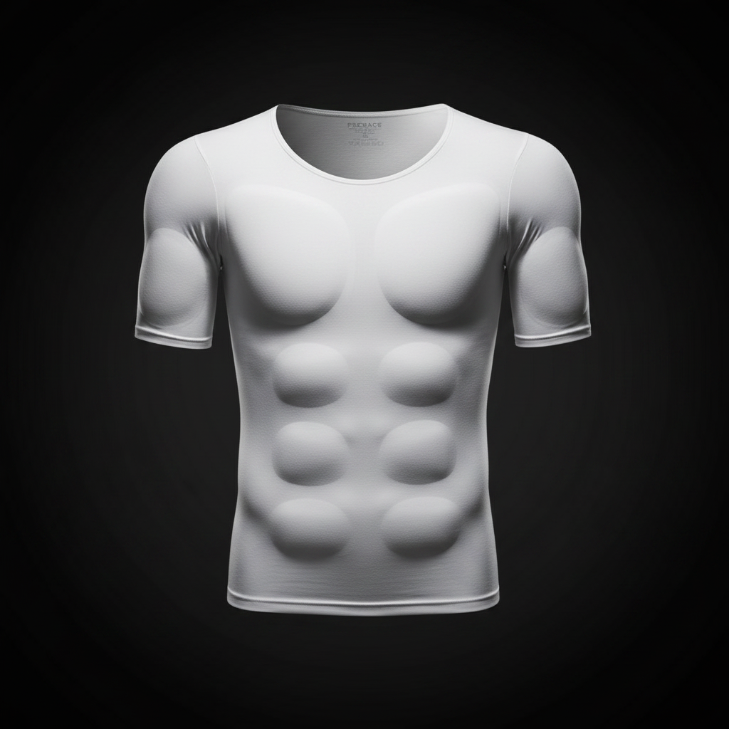 A white short-sleeve athletic compression shirt with a 3D abdominal muscle pump design, displayed on a dark gray gradient background.
