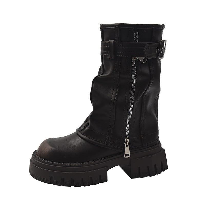 Women's Retro Platform Moto Boots – Chunky Heel Mid-Calf Zip-Up Boots in Black & Brown (EU 35–43)