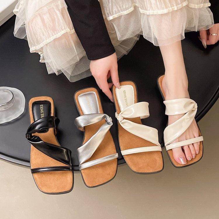 2025 Summer New French Style Low Heel Slippers For Women, Fairy Style Outdoor Fashion Slides, Elegant Match-Dress Sandals In Black, Silver, Beige