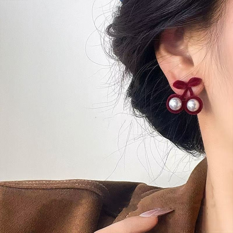 Autumn Winter Red Flocking Cherry Sweet Temperament Earrings | EX-STOCK product gallery photo 4