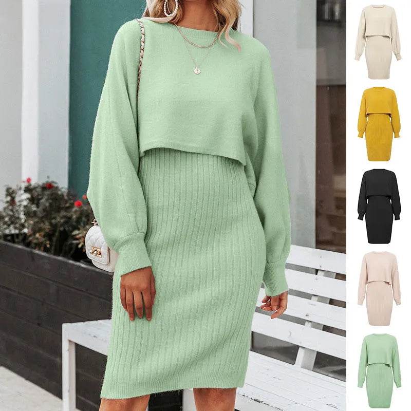 Women 2pcs Winter Outfit Cashmere dress Cropped Pullover top - EX-STOCK Canada