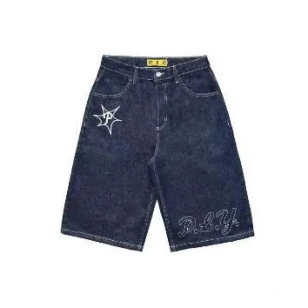 Full Embroidery Dark Blue Denim Shorts Men Jeans - EX-STOCK CANADA