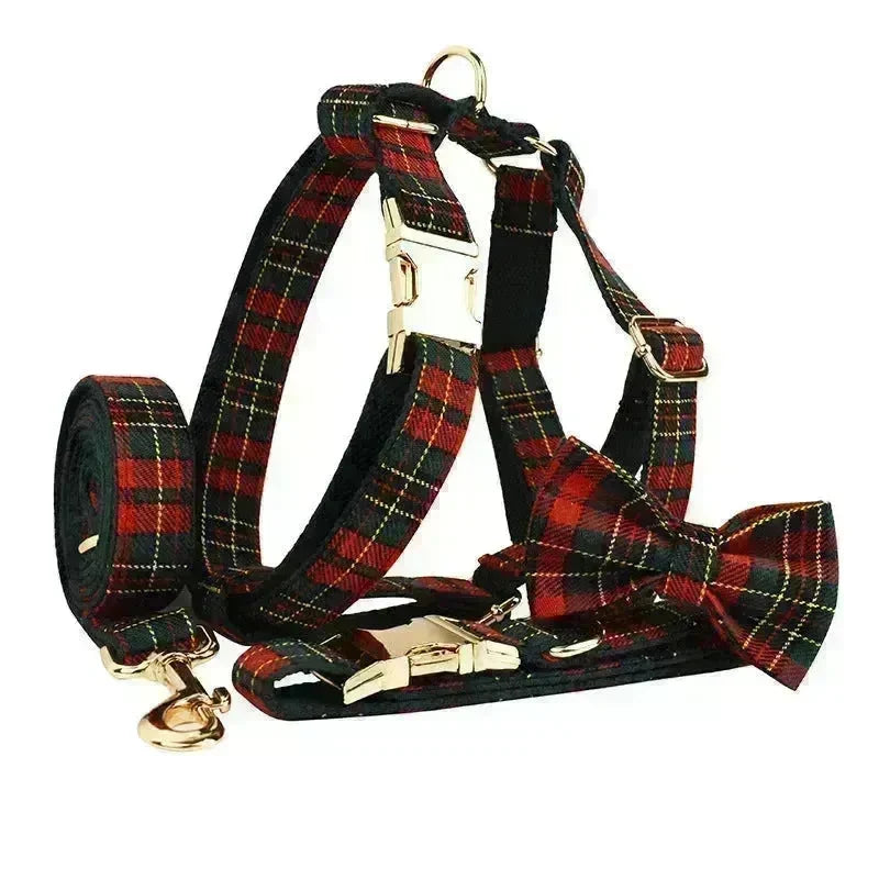 Christmas Pet Collar Plaid With Green Background Dog Rope Leash Suit - EX-STOCK CANADA
