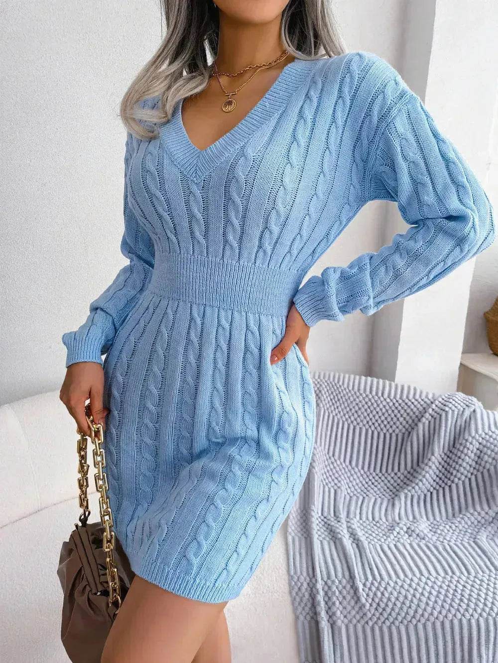 Solid Color V-Neck Long Sleeve Slim fit Winter Knit Mini sweater Dress Slim - EX-STOCK Canada