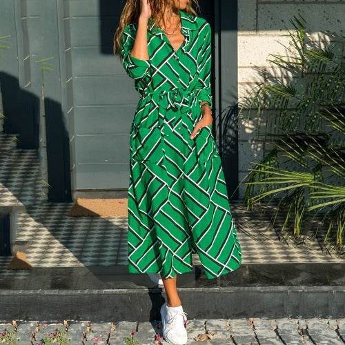 Stripe Shirt Women's Dress Spring Summer Chiffon V-neck Sexy Maxi Dresses Sexy Elegant Casual Girl Lace Women Long Sleeve - EX-STOCK Canada