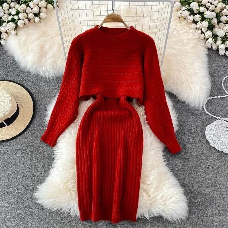 Autumn Winter Sassy Woolen Knitted Two Piece Midi Sweater Dress Outfit set - EX-STOCK Canada