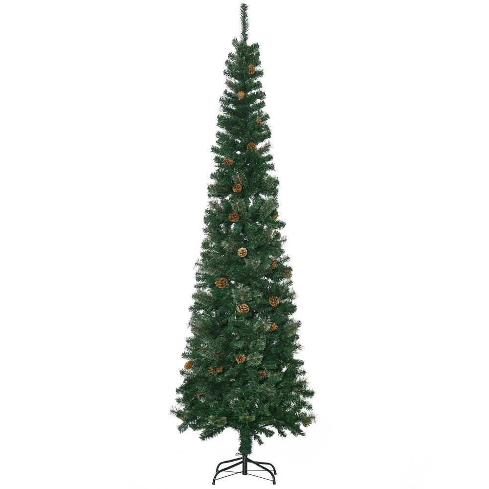 7.5ft Pencil Christmas Tree, Artificial Christmas With Pine Needles, Realistic Branches, Pine Cones, Metal Base, Green EX-STOCK Canada