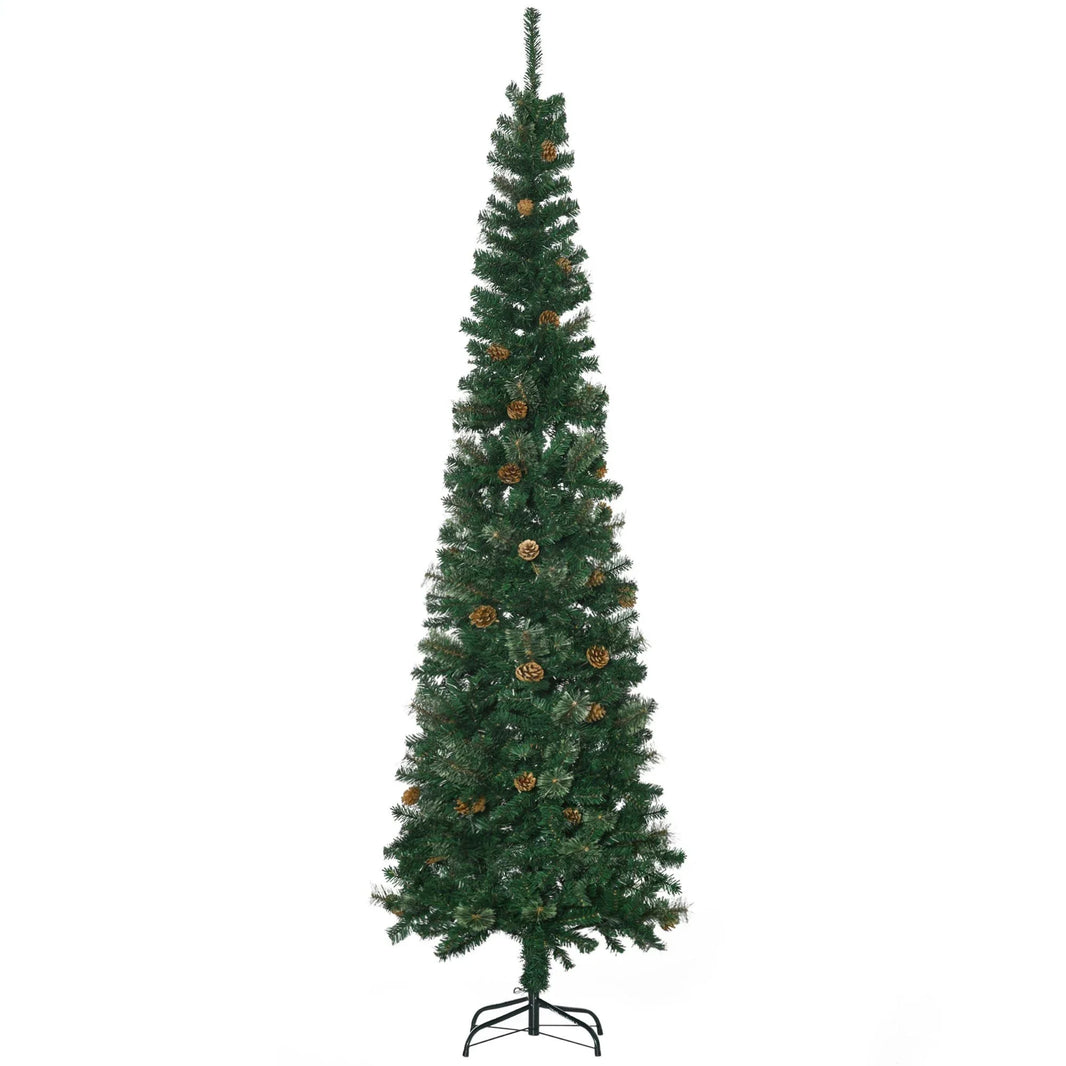 7.5ft Pencil Christmas Tree, Artificial Christmas With Pine Needles, Realistic Branches, Pine Cones, Metal Base, Green EX-STOCK Canada