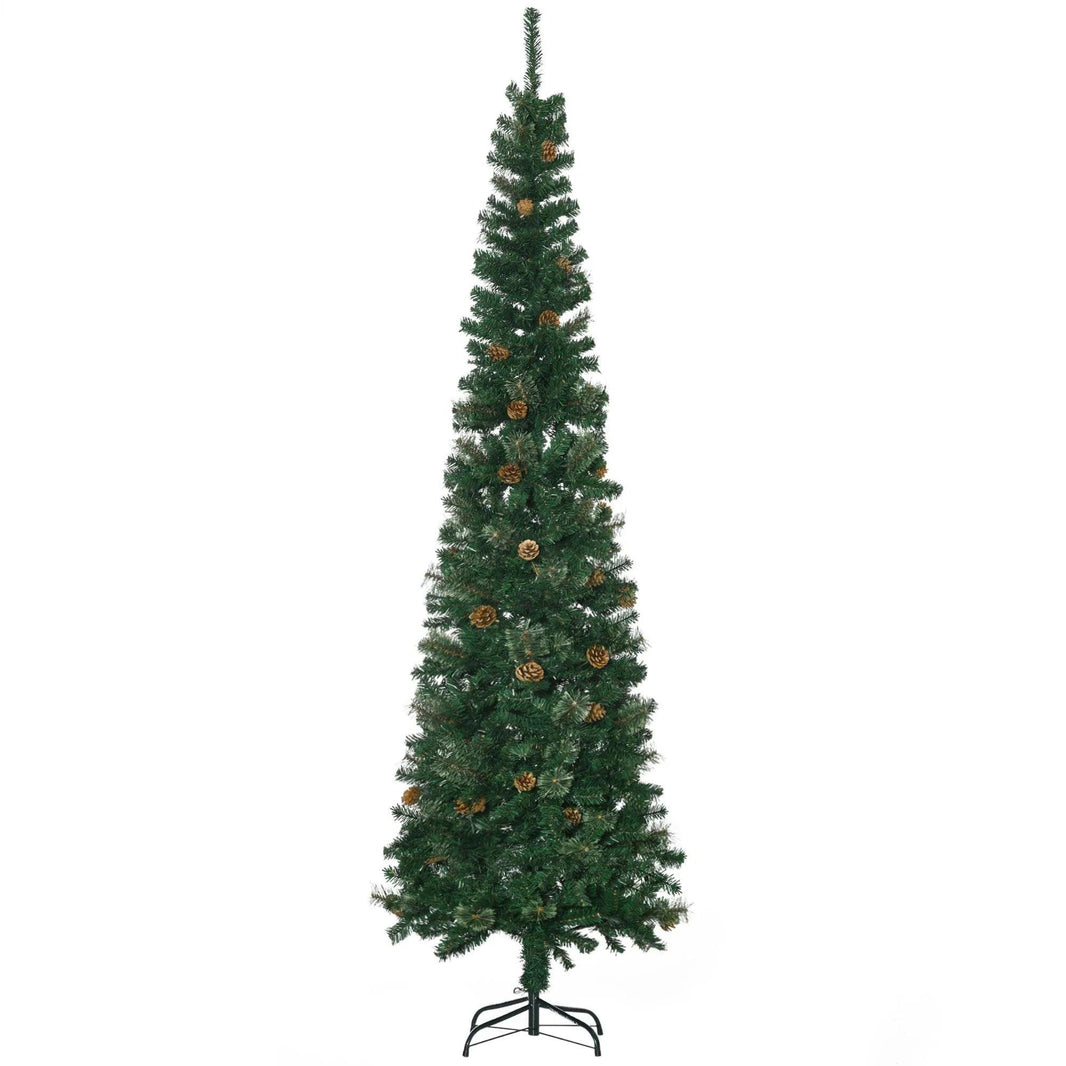 7.5ft Pencil Christmas Tree, Artificial Christmas With Pine Needles, Realistic Branches, Pine Cones, Metal Base, Green EX-STOCK Canada