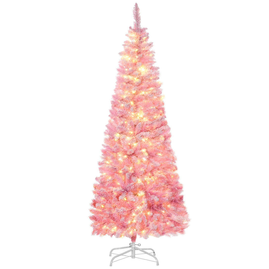 6 Foot Prelit Snow Flocked Artificial Christmas Tree With Pencil Shape, 500 Pine Realistic Branches, Warm White LED Lights, Auto Open, Pink And White EX-STOCK Canada