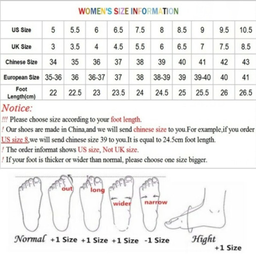 Size chart for women's shoes with various measurement systems including US, UK, Chinese, and European sizes.