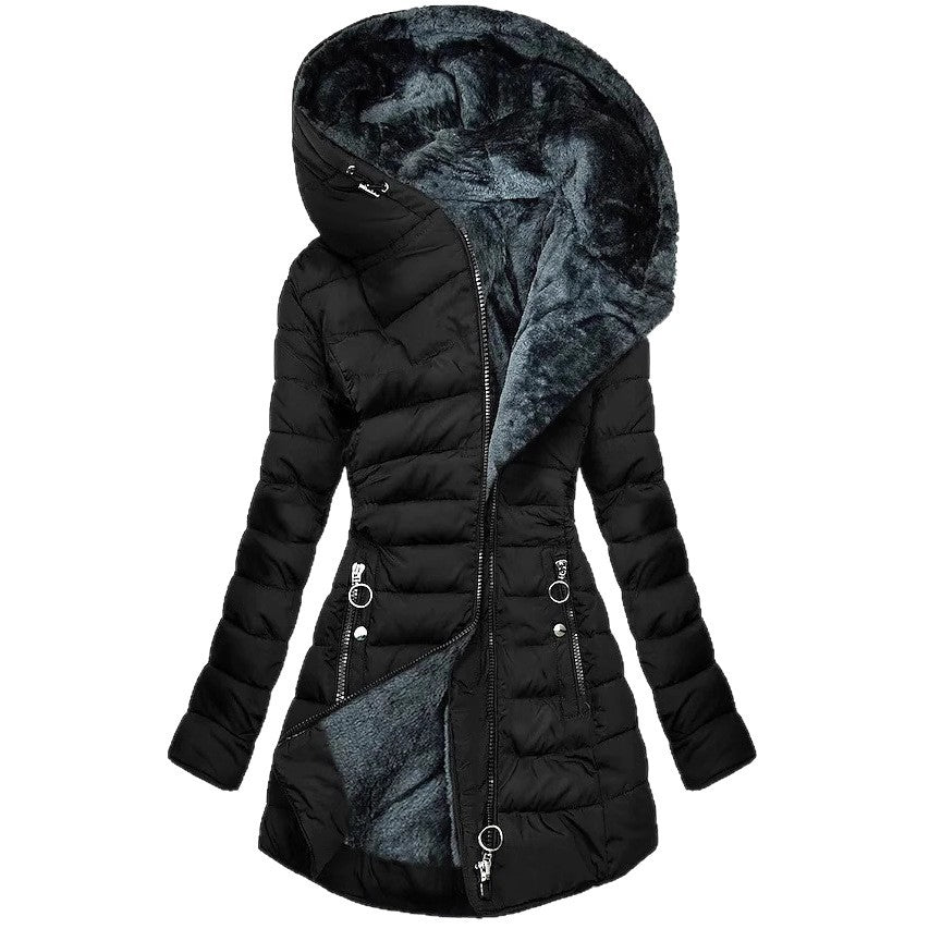 Black puffer jacket with fur-lined hood on a white background