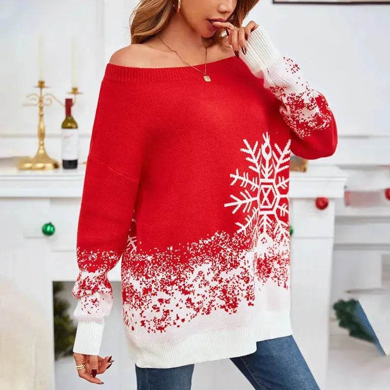 Snowflake Off-the-shoulder Cashmere Christmas Sweater top Women - EX-STOCK Canada