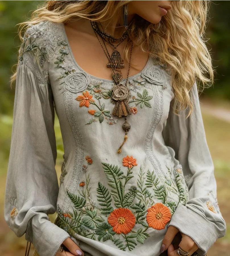 Grass And Flower Embroidered Linen Shirt EX-STOCK Canada