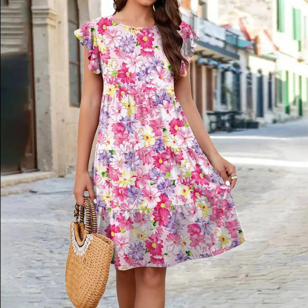 Ruffle Sleeve Dress Summer Loose Flower Print Beach Dresses Sweet Skirt Women - EX-STOCK CANADA