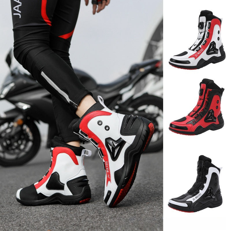 Men's Motorcycle Riding Boots – BOA Dial, Anti-Skid, Off-Road | White, Red, Black