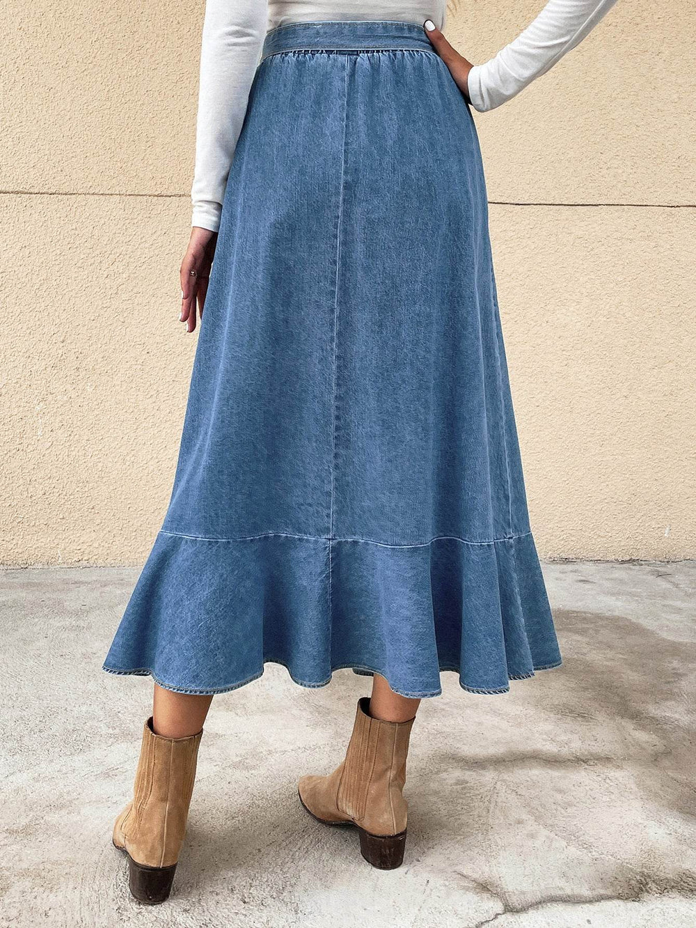 Ladies Fashion Casual Ruffled Blue Denim Maxi Skirt Women - EX-STOCK Canada