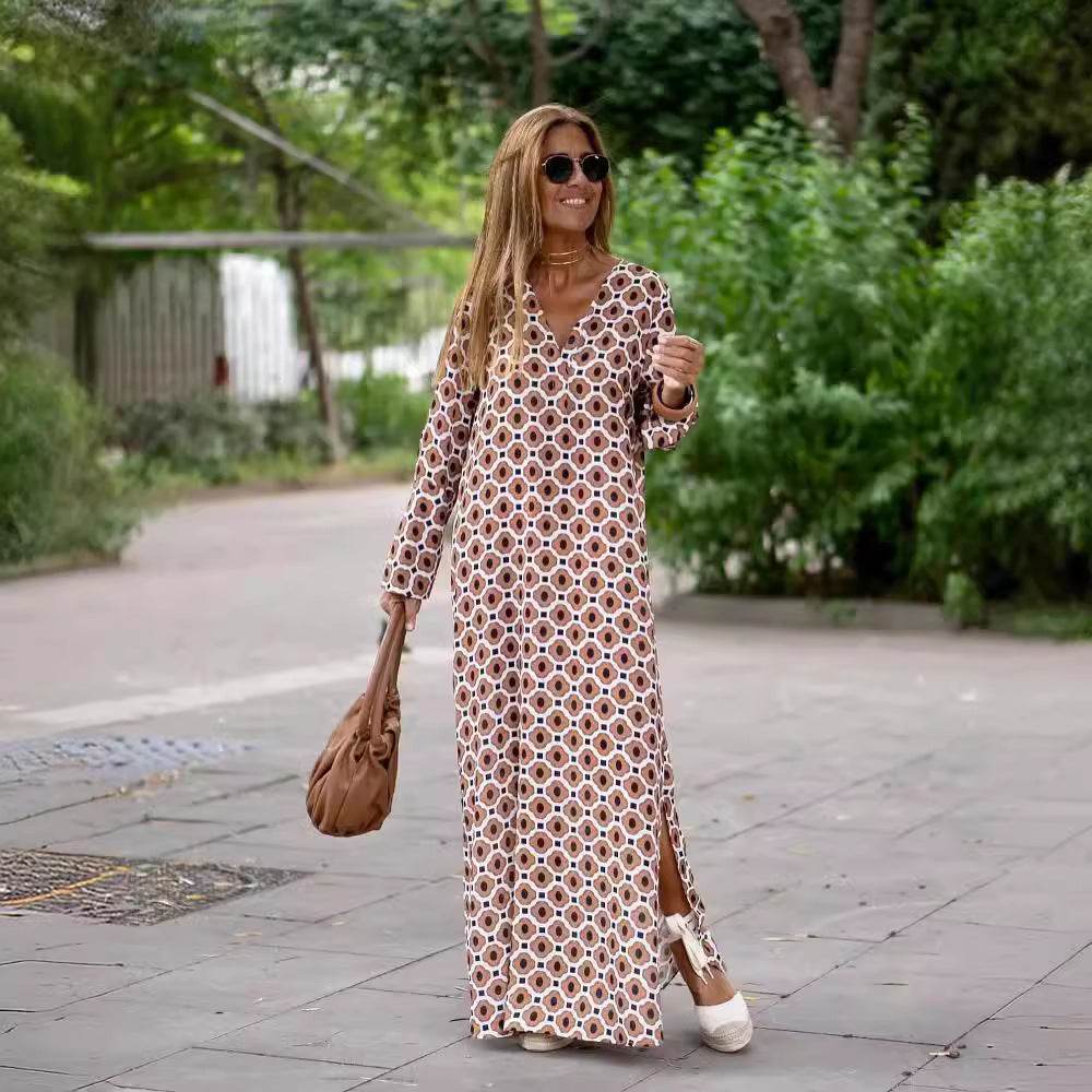 Summer Geometric Printed V-neck Long Dress Fashion Long Sleeve Slit Dresses For Women - EX-STOCK Canada