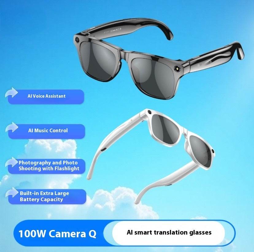 Sunglasses with additional features on a blue background