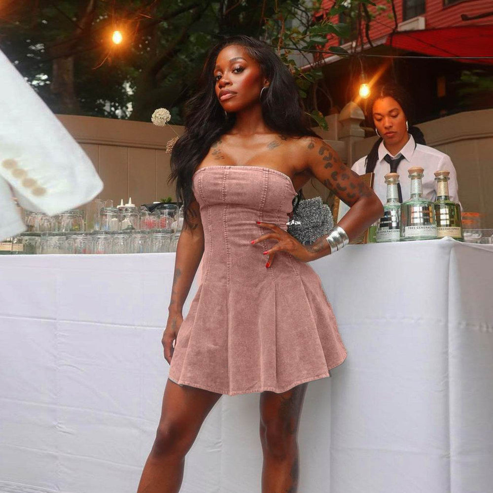 Sleeveless Backless Wash Jeans Denim European And American Tube Top flared Dress - EX-STOCK Canada