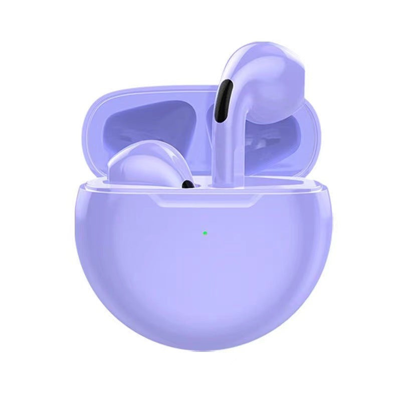 Purple wireless earbuds in a charging case on a white background