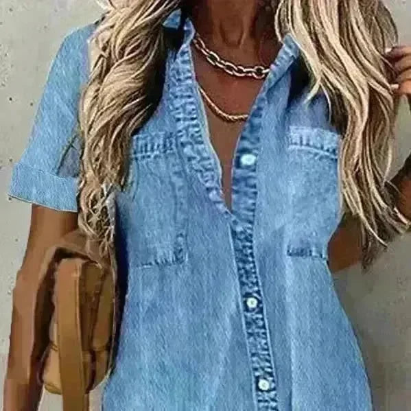 Best Women Loose Denim-like Printed Short-sleeved Shirt Jeans Denim Shirt dress Denim Top dress - EX-STOCK CANADA