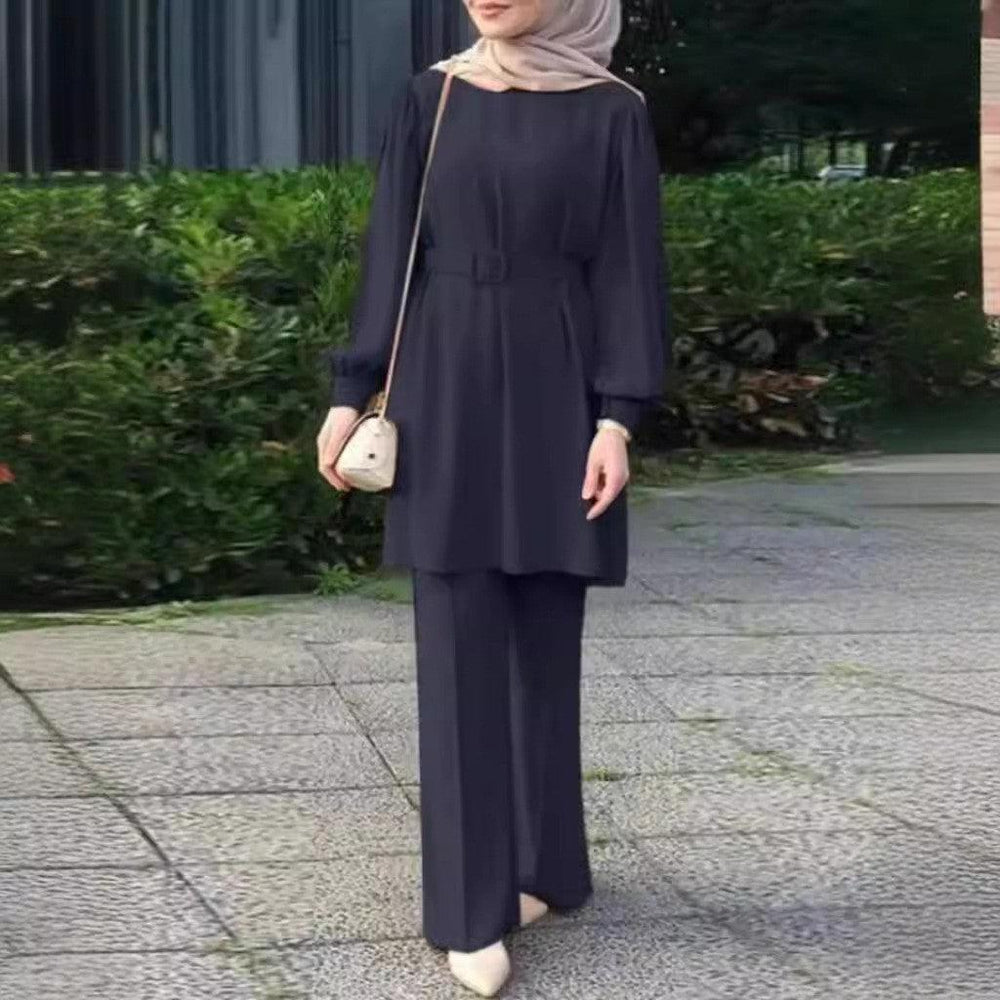بدلة قمة وسروال بأكمام طويلة وياقة دائرية للمسلمين في الشرق الأوسط مع حزام وخصر مطاطي EX-STOCK Canada