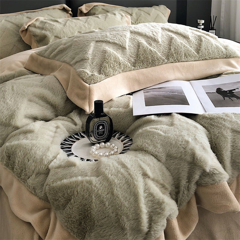 A Four Piece Set Of Rabbit Hair And Milk Velvet Duvet Cover On A Baby Plush Bed EX-STOCK Canada