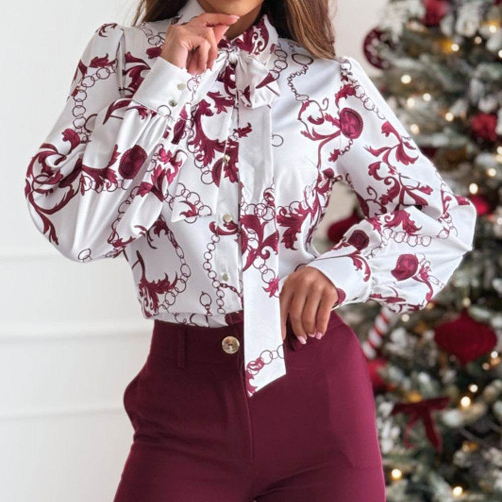 Printed Long Sleeve Bowknot Lining Business Office Formal Work shirt For Women - EX-STOCK Canada