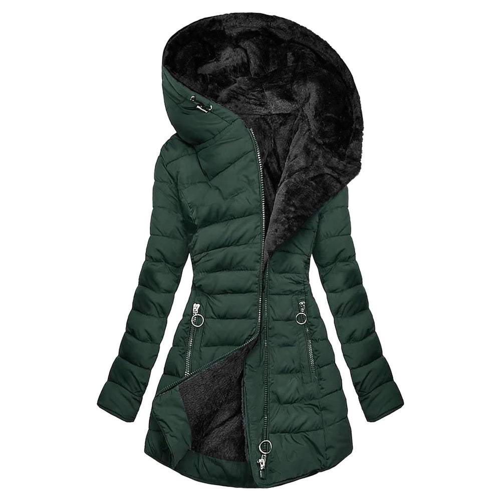 Green puffer jacket with black interior on a white background