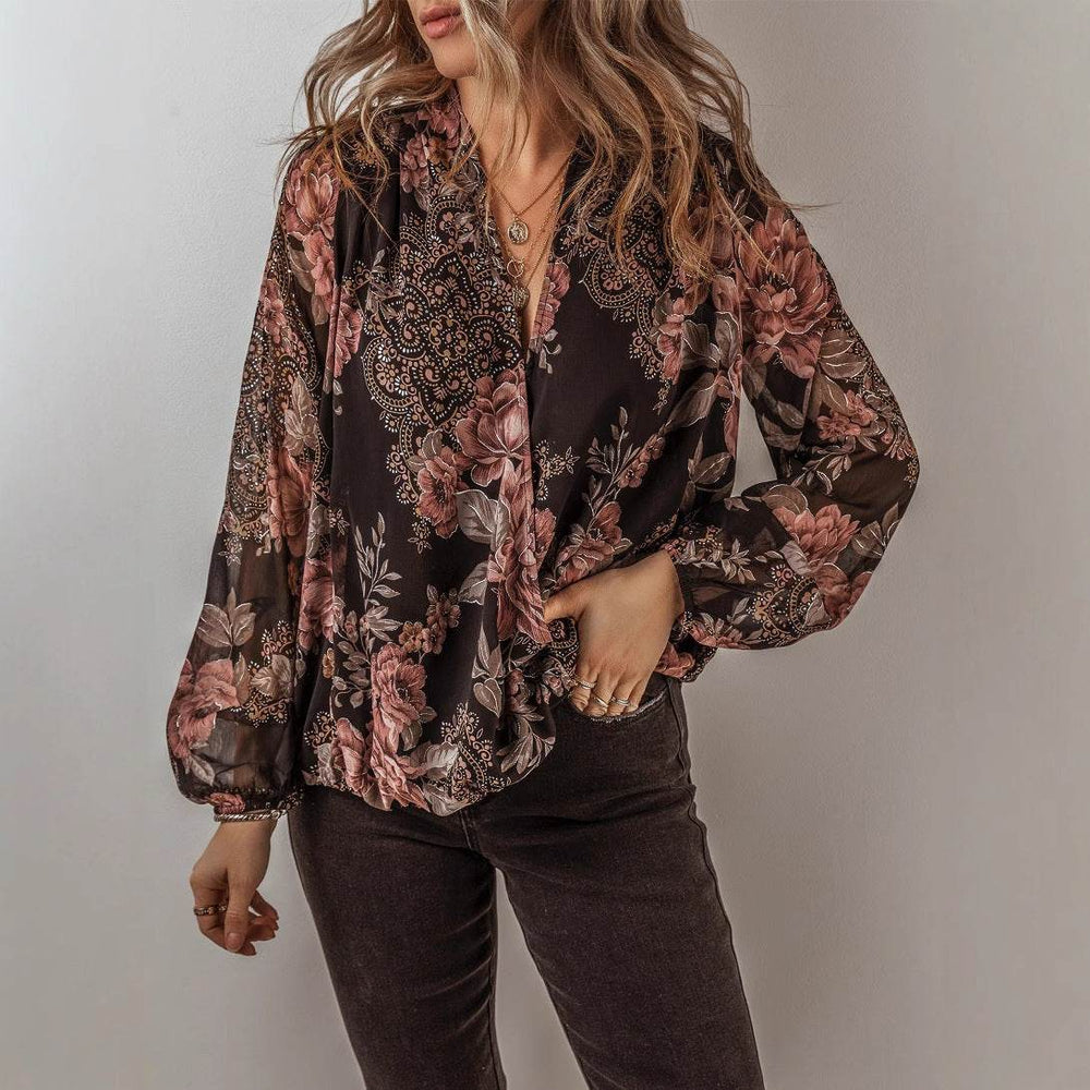 V-neck Long Sleeve Top Floral Print Women's Chiffon blouse Women - EX-STOCK Canada