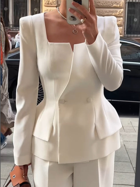 Women's Double-Breasted Square Neck Blazer | Fitted White Solid Colour Jacket | XS–XL