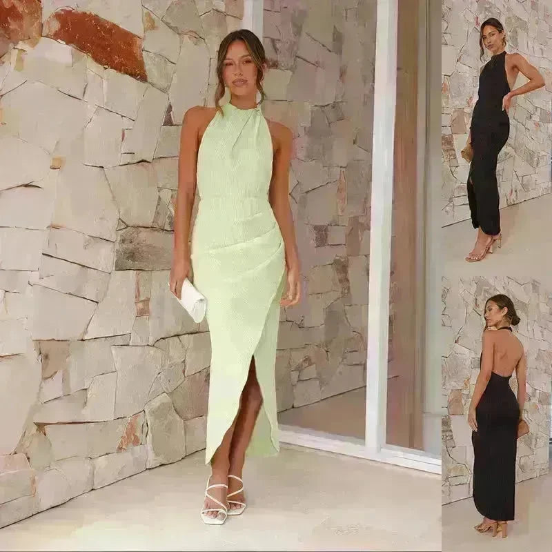 Halter Neck Split Long Dress Summer Slim Fit Backless Dresses Solid Split High neck Long Bodycon Dress Women's Clothing - EX-STOCK CANADA