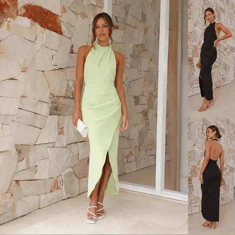 Halter Neck Split Long Dress Summer Slim Fit Backless Dresses Solid Split High neck Long Bodycon Dress Women's Clothing - EX-STOCK Canada