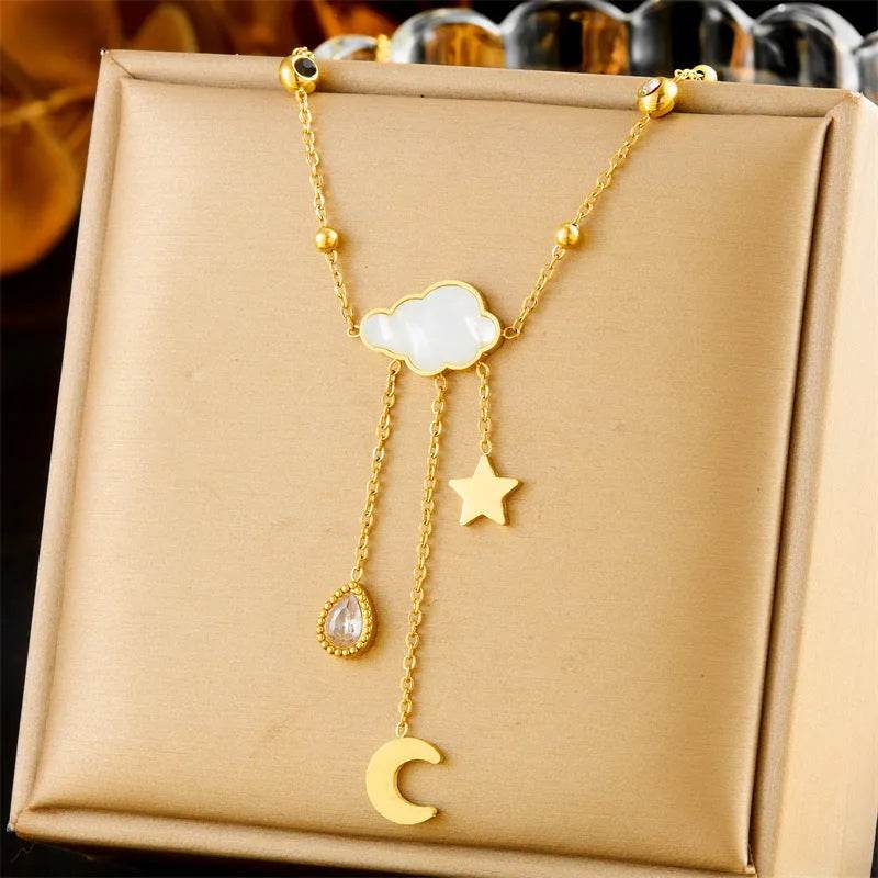 White Shell Cloud Star Moon Long Fringe Water Drop Fashion Necklace - EX-STOCK Canada