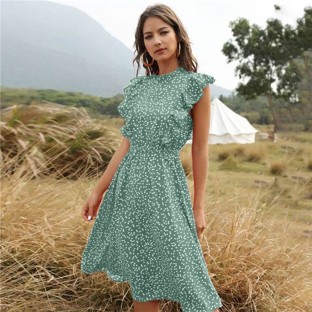 Polka dot Chiffon Ruffled Summer midi dress - EX-STOCK Canada