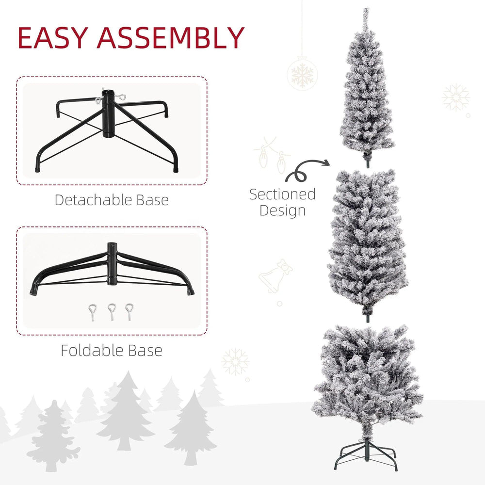 7.5ft Flocked Christmas Tree, Pencil Christmas Tree With Realistic Branch Tips, Folding Metal Stand, Black EX-STOCK Canada