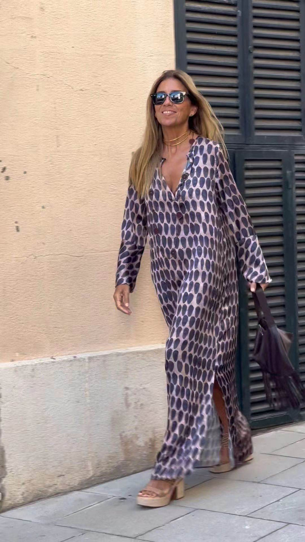 Summer Geometric Printed V-neck Long Dress Fashion Long Sleeve Slit Dresses For Women - EX-STOCK Canada