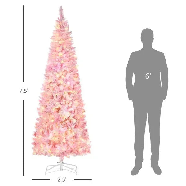 7.5 Foot Prelit Snow Flocked Artificial Christmas Tree With Pencil Shape, 700 Pine Realistic Branches, Warm White LED Lights, Auto Open, Pink And White EX-STOCK Canada